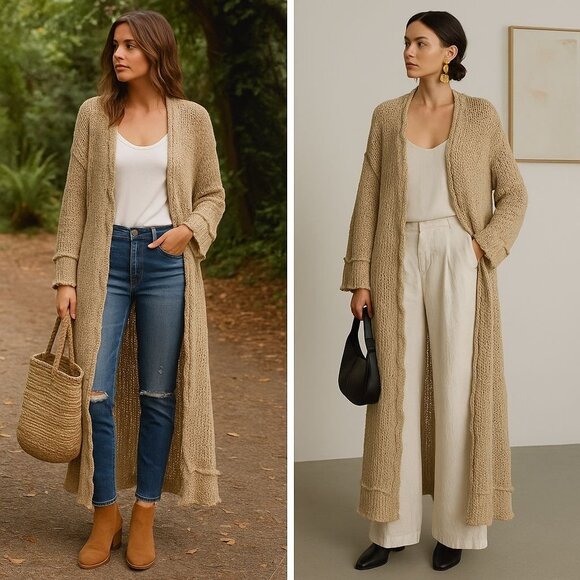 Boho Knit Maxi Cardigan Women’s Beige Duster Sweater L Festival Layering Chic - Picture 2 of 15